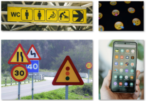 Ejemplos de comunicación visual en señales de tráfico, aeropuertos y apps en móviles